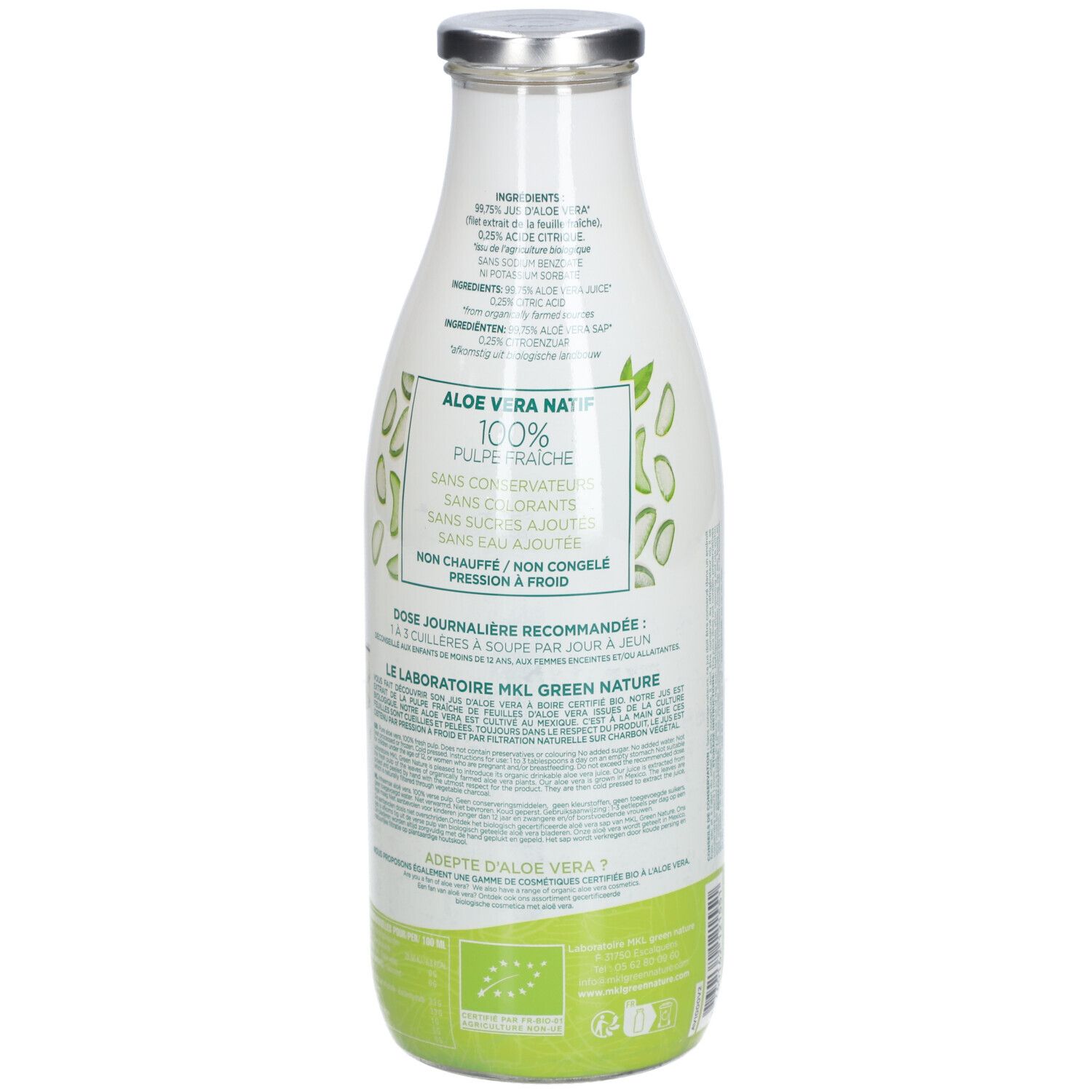 Dos de la bouteille de jus d'aloe vera. Étiquette avec ingrédients, recommandation de dosage et label bio.