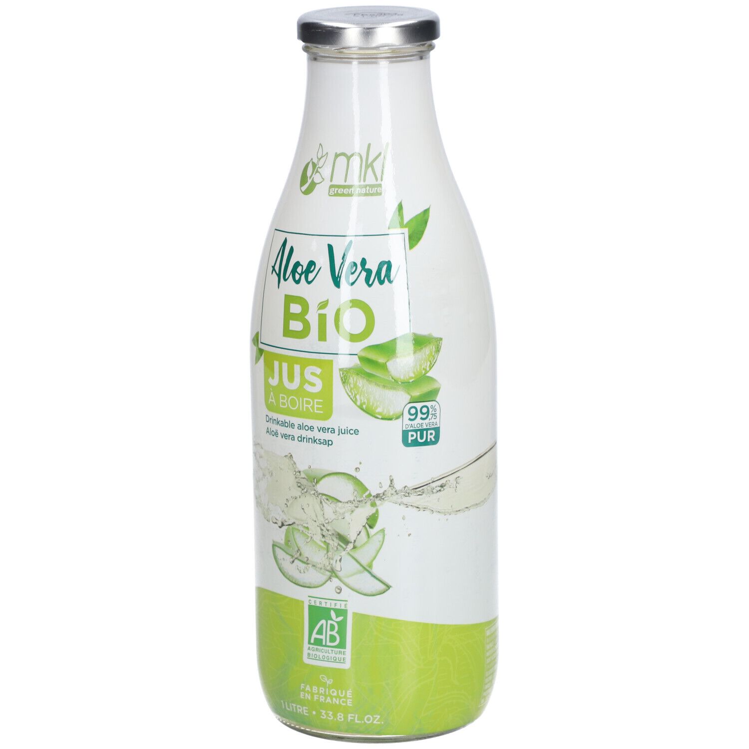 Bouteille en verre de jus d'aloe vera. Étiquette avec nom du produit, label bio et illustration d'aloe vera. Bouchon métallique.