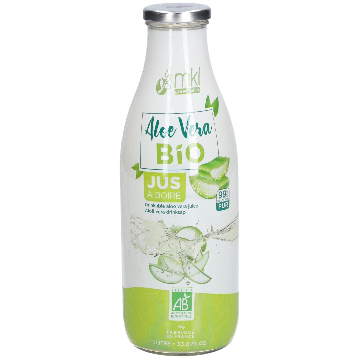Bouteille en verre de jus d'aloe vera. Étiquette avec nom du produit, label bio et illustration d'aloe vera. Bouchon métallique.