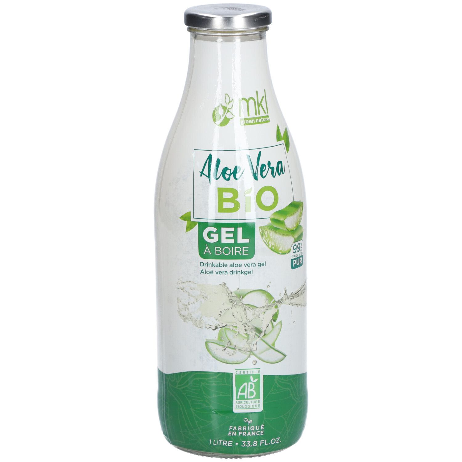 Glazen fles Aloe Vera Bio Gel. Groen-wit etiket met productinformatie en AB-keurmerk.