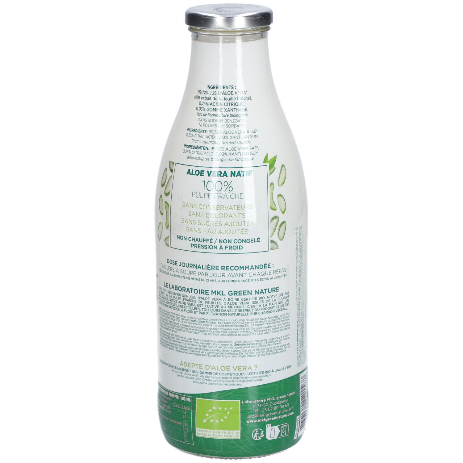 Achterkant van de Aloe Vera Bio Gel fles. Detail van ingrediënten en gebruiksaanwijzing.