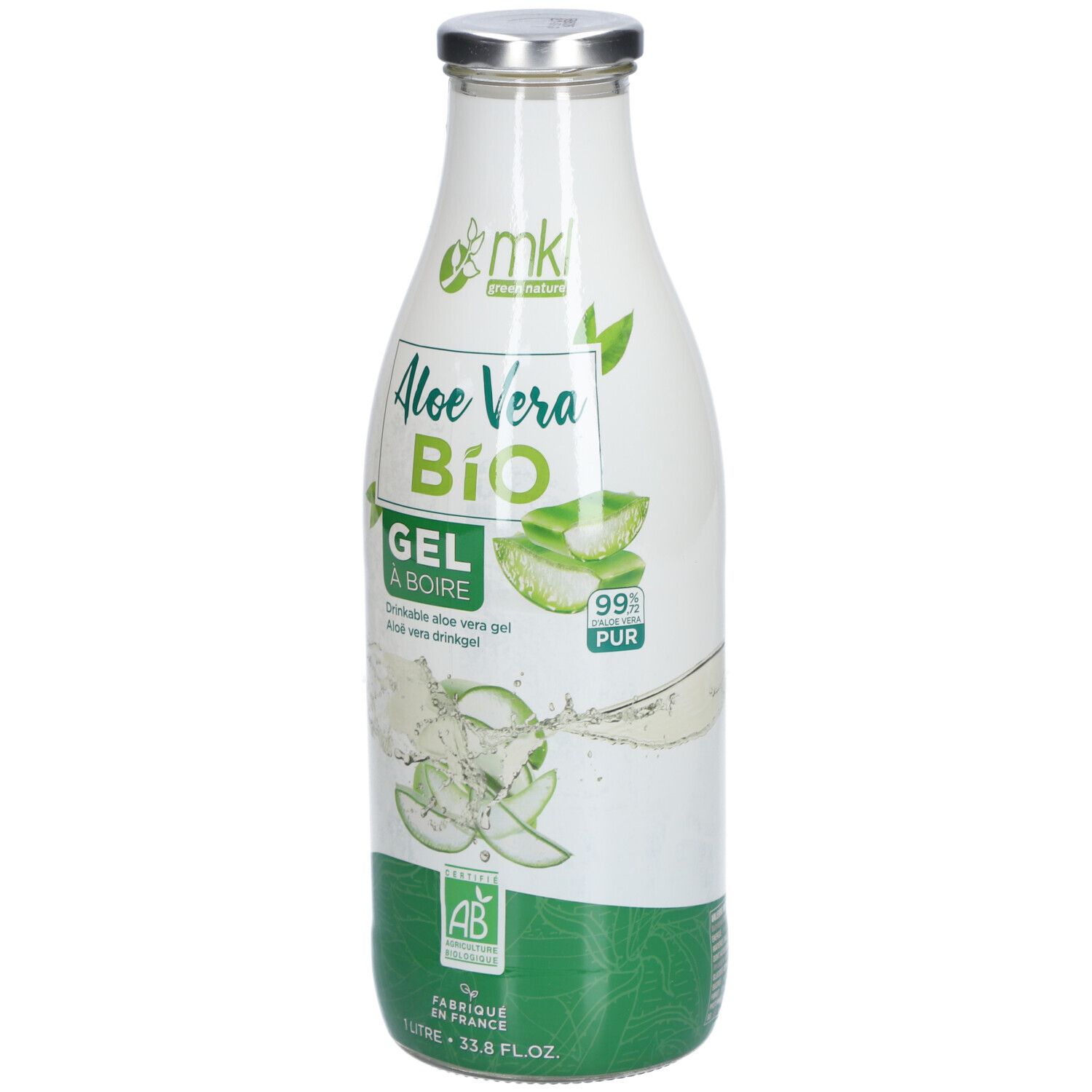 Glazen fles Aloe Vera Bio Gel. Groen-wit etiket met productinformatie en AB-keurmerk.