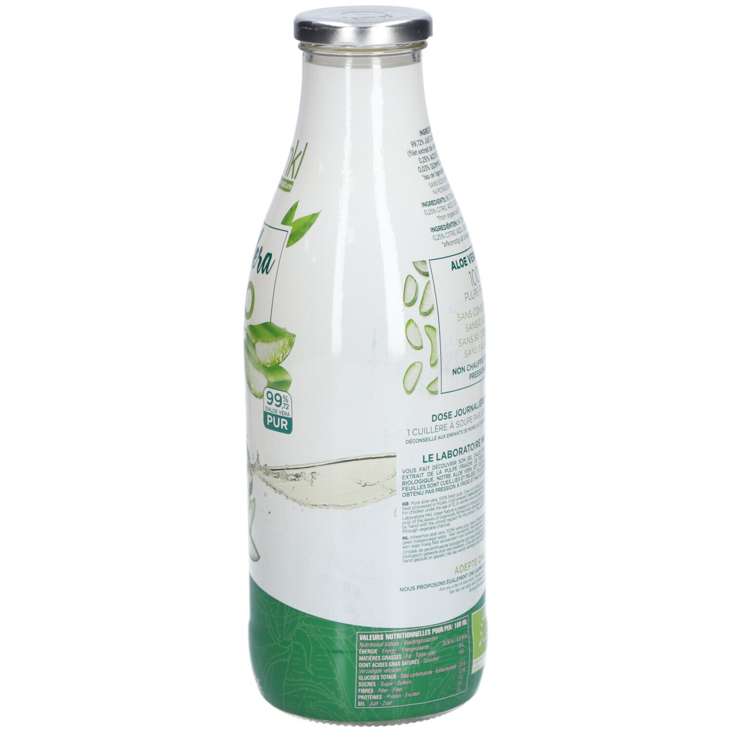 Achterkant van de Aloe Vera Bio Gel fles. Detail van ingrediënten en gebruiksaanwijzing.