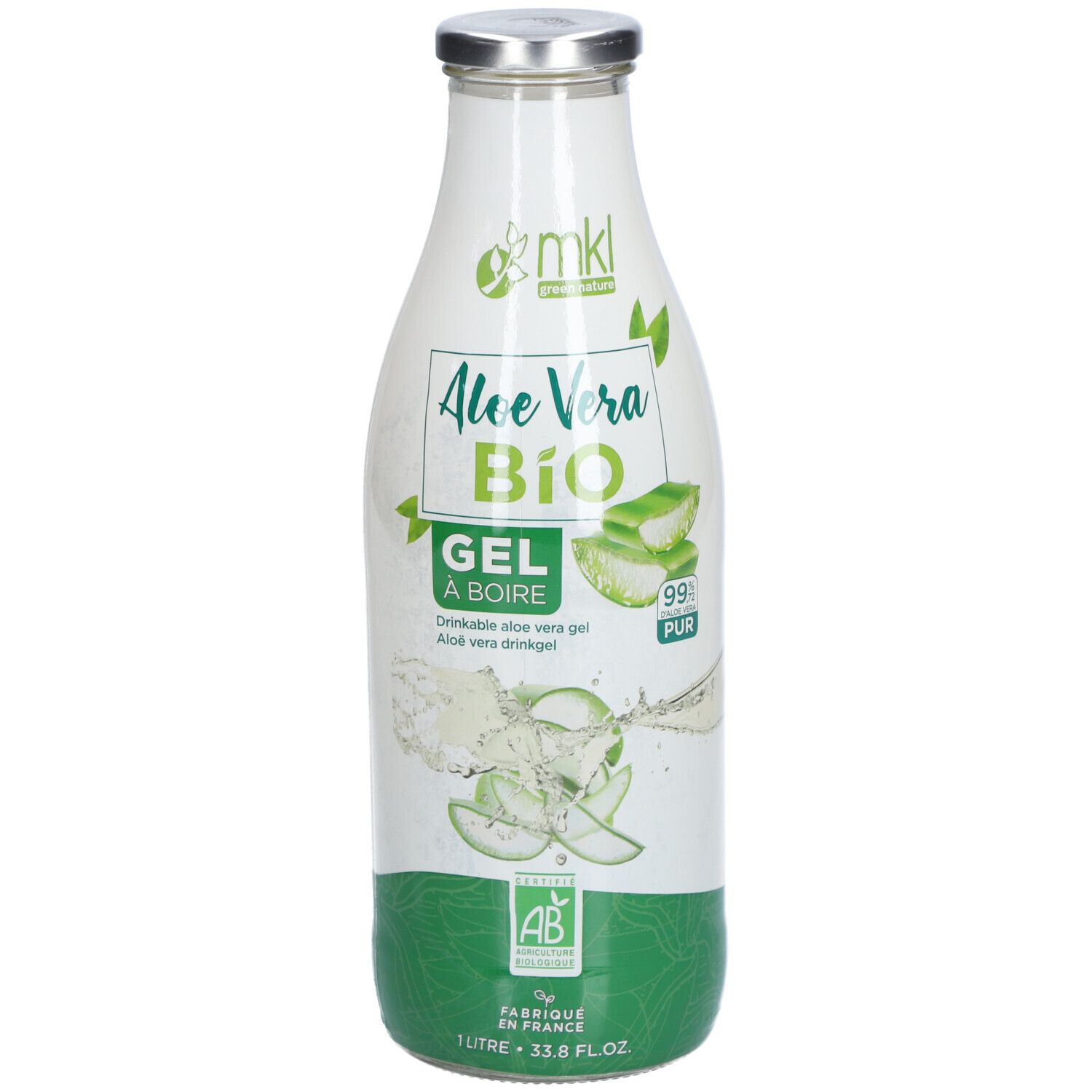 Glazen fles Aloe Vera Bio Gel. Groen-wit etiket met productinformatie en AB-keurmerk.