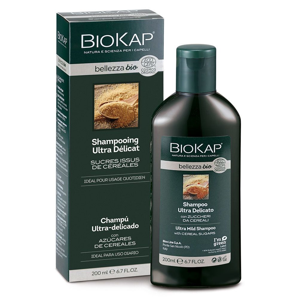 BIOKAP Bellezza Bio Shampooing Ultra Délicat. Fles en verpakking. Groen en wit. Met tekst.
