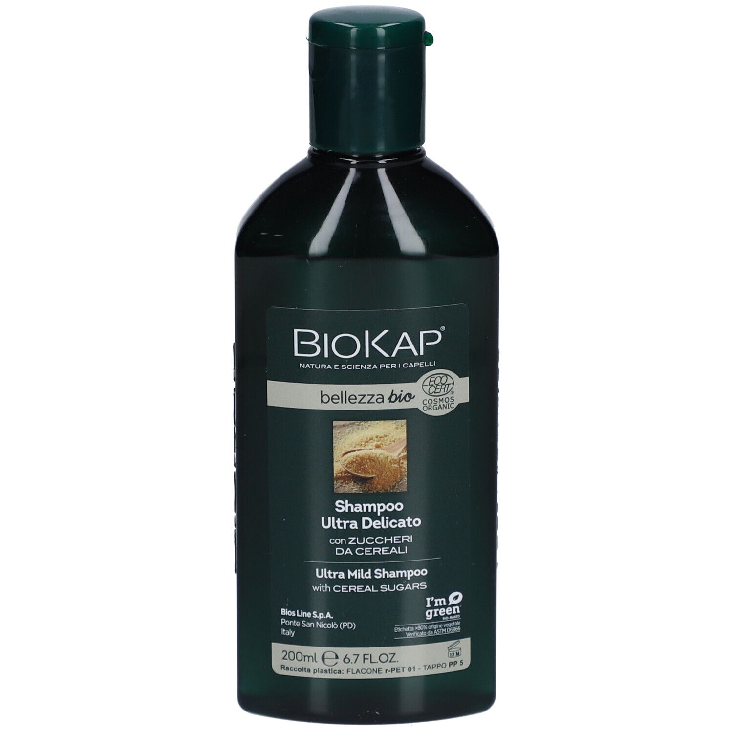 BIOKAP Bellezza Bio Shampooing Ultra Délicat. Groene fles. Met tekst.