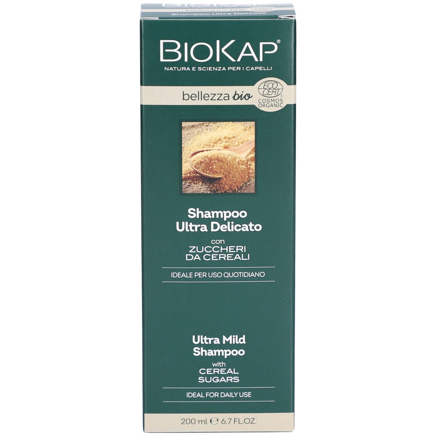 BIOKAP Bellezza Bio Shampooing Ultra Délicat. Fles en verpakking. Met tekst.
