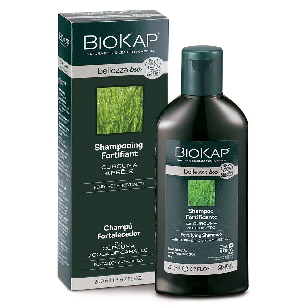BIOKAP Shampooing Purifiant en verpakking. Fles en doos met productinformatie. Groen en wit. Tekst: Shampooing Fortifiant.