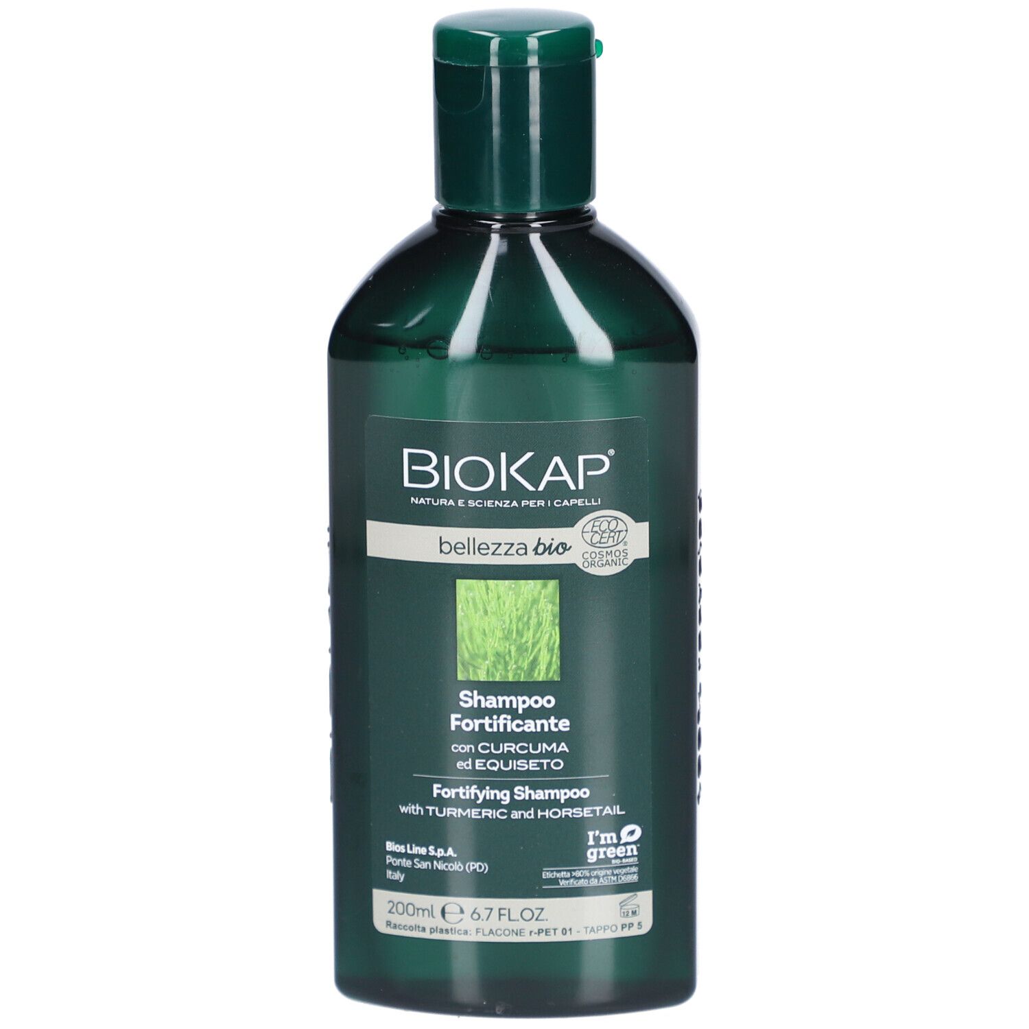 BIOKAP Shampooing Purifiant. Groene fles met groene dop. Productinformatie op het etiket. Tekst: Shampoo Fortificante.