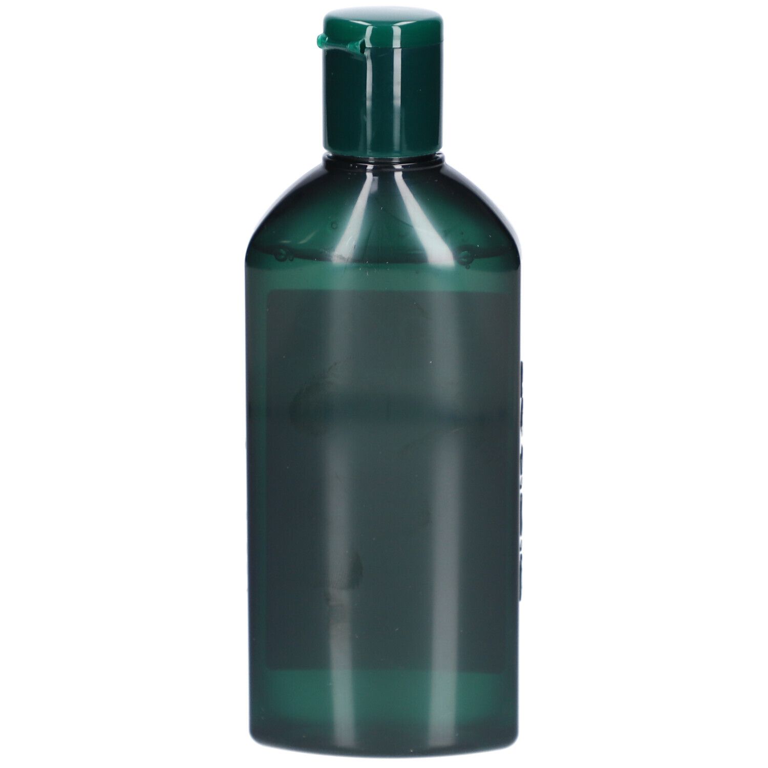 Groene shampoo fles met groene dop. Geen productinformatie zichtbaar. Transparante vloeistof in de fles.