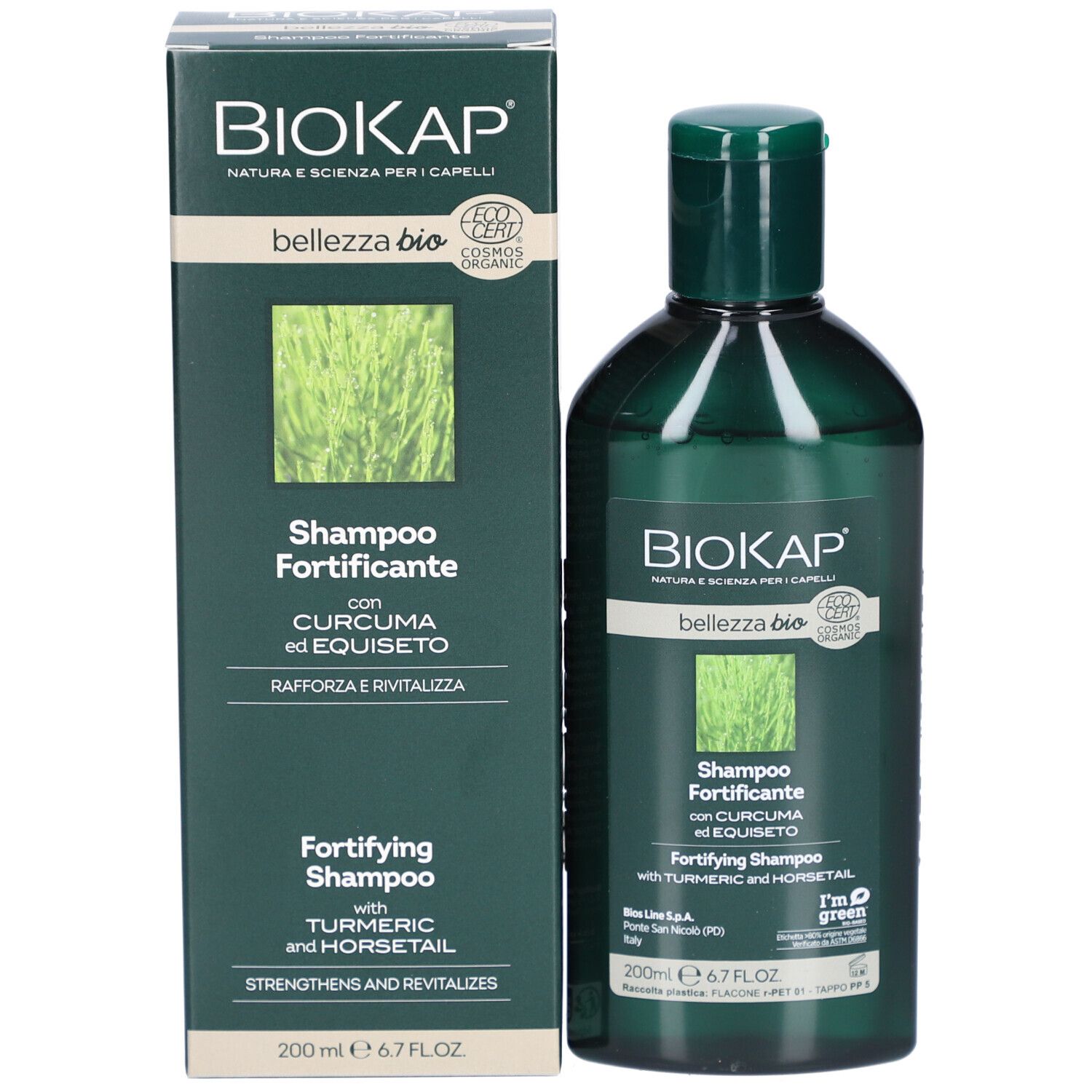 BIOKAP Shampooing Purifiant en verpakking. Fles en doos met productinformatie. Groen en wit. Tekst: Shampoo Fortificante.