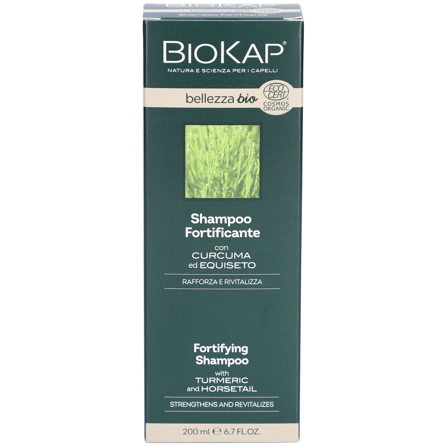 BIOKAP Shampooing Purifiant verpakking. Groene doos met productinformatie. Tekst: Shampoo Fortificante. Witte achtergrond.