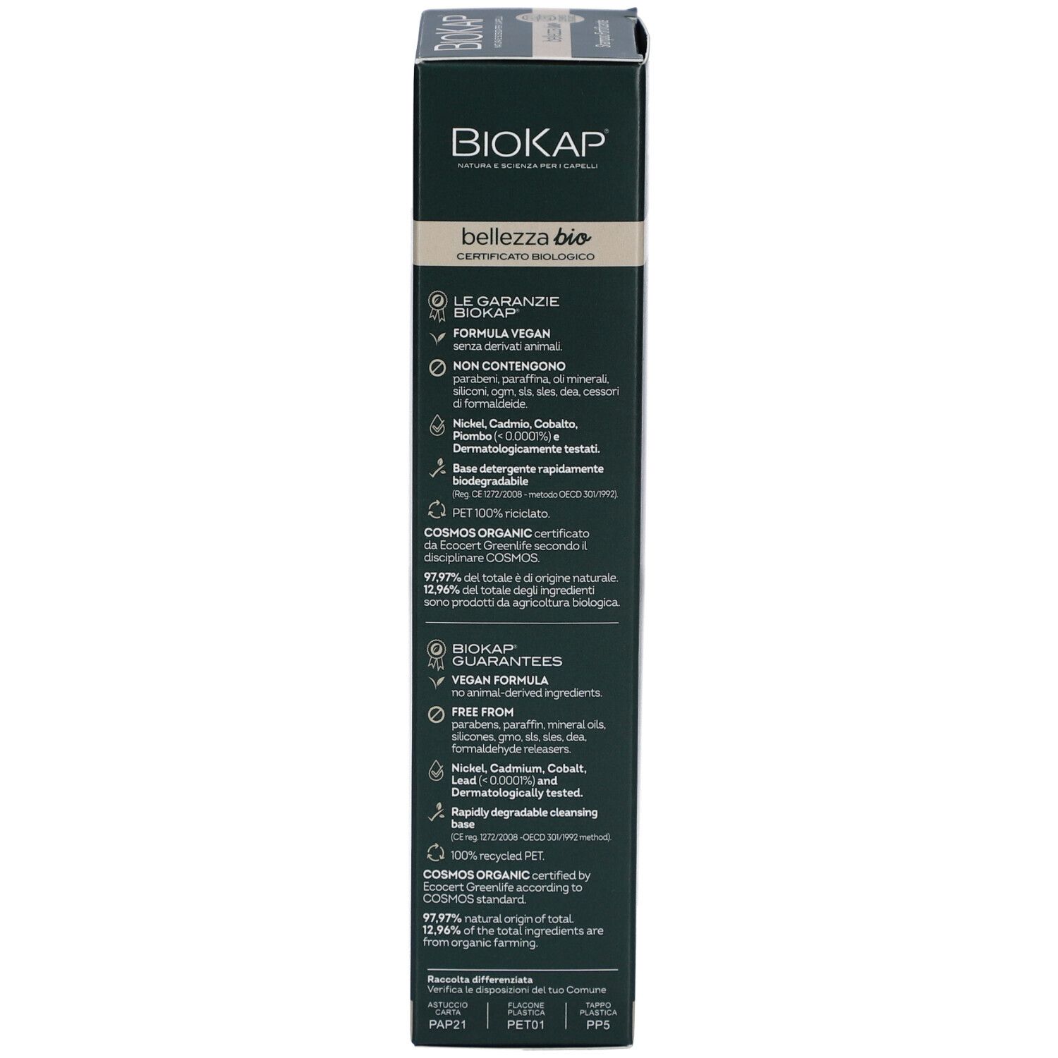 BIOKAP Shampooing Purifiant verpakking. Zijkant van de doos met productinformatie. Tekst in meerdere talen. Witte achtergrond.