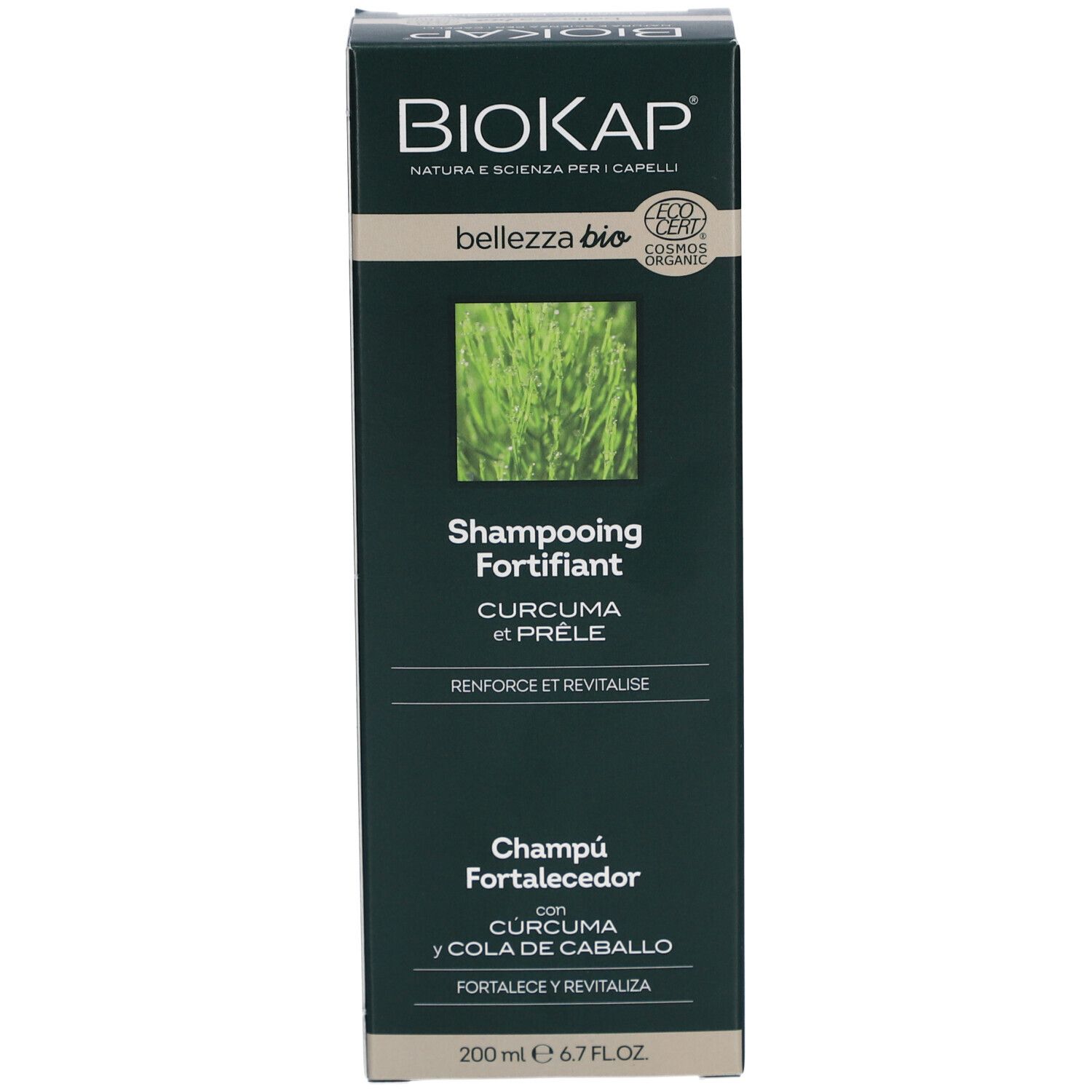 BIOKAP Shampooing Purifiant verpakking. Groene doos met productinformatie. Tekst: Shampooing Fortifiant. Witte achtergrond.