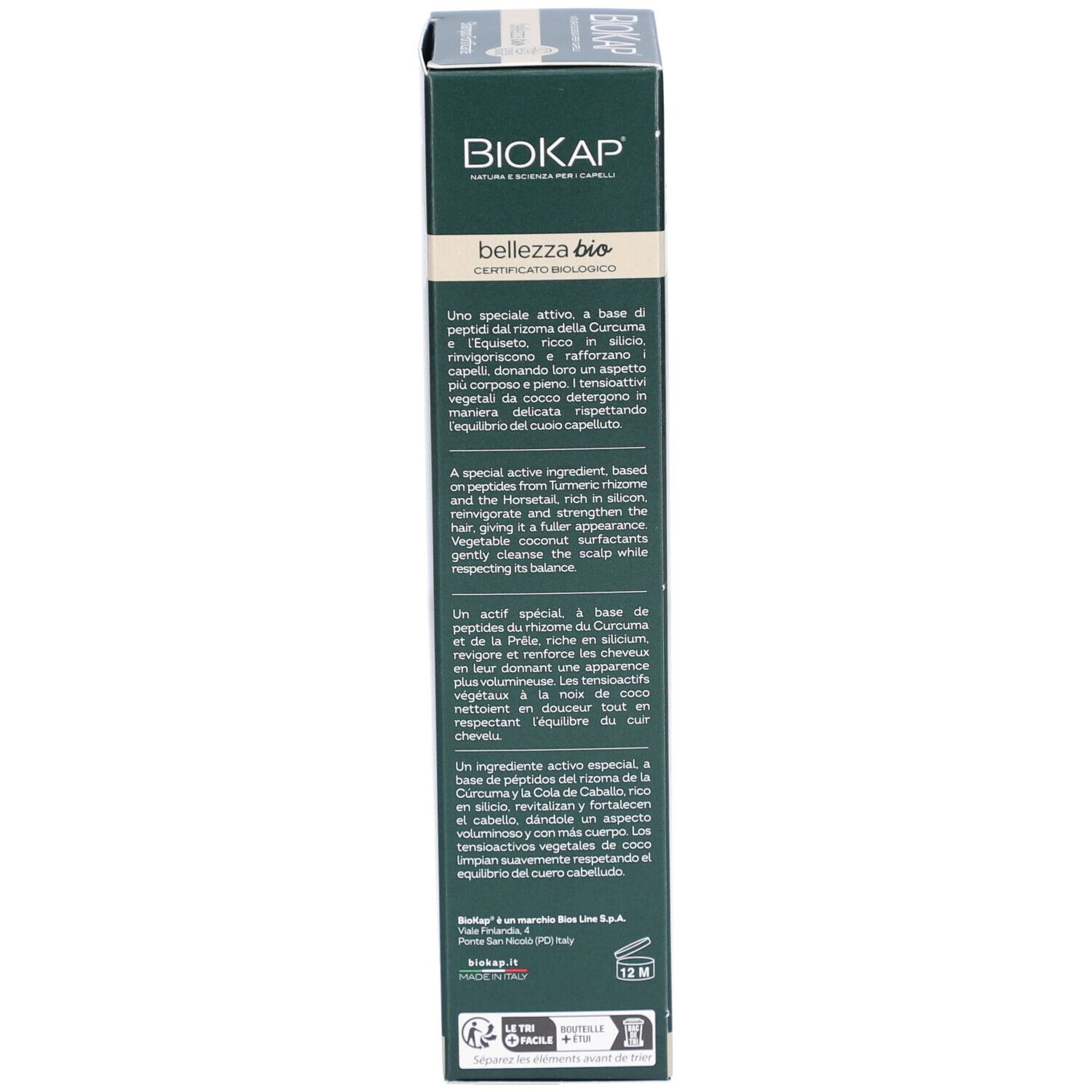 BIOKAP Shampooing Purifiant verpakking. Achterkant van de doos met productinformatie. Tekst in meerdere talen. Witte achtergrond.