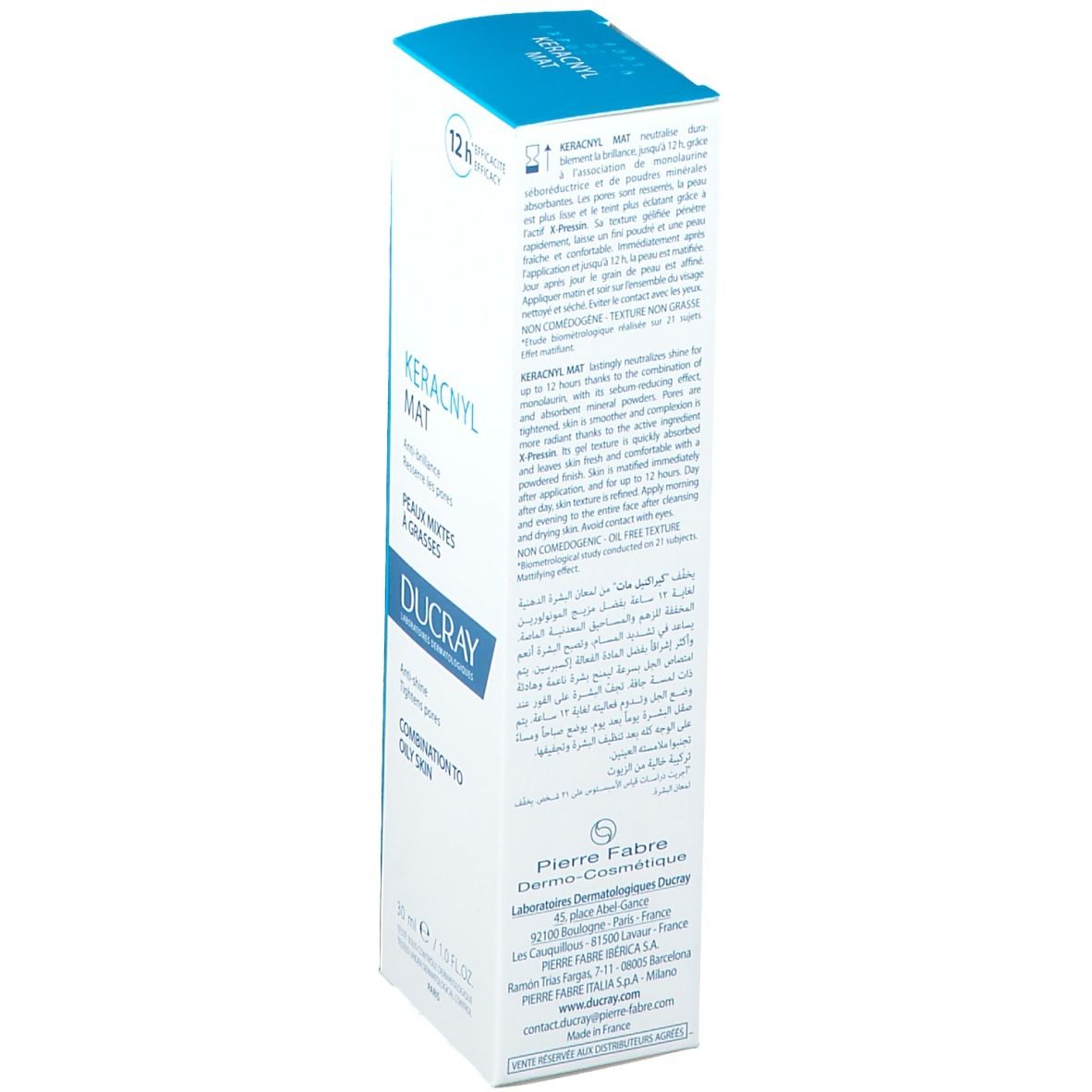 Boîte de Ducray KERACNYL MAT. Vue latérale avec texte et QR code. 30 ml.