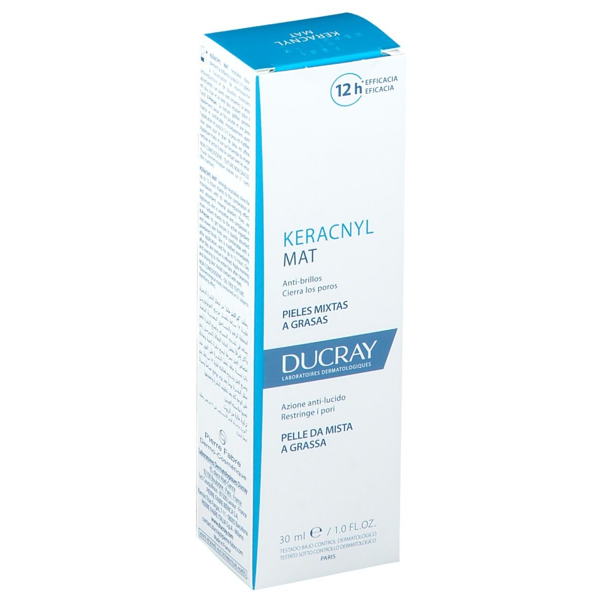 Boîte de Ducray KERACNYL MAT. Vue latérale avec texte. 30 ml.
