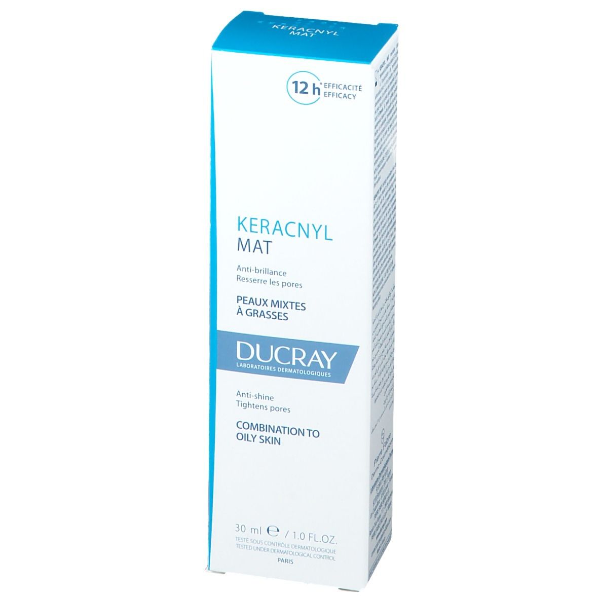 Boîte de Ducray KERACNYL MAT. Vue de face. 30 ml. Texte en anglais.
