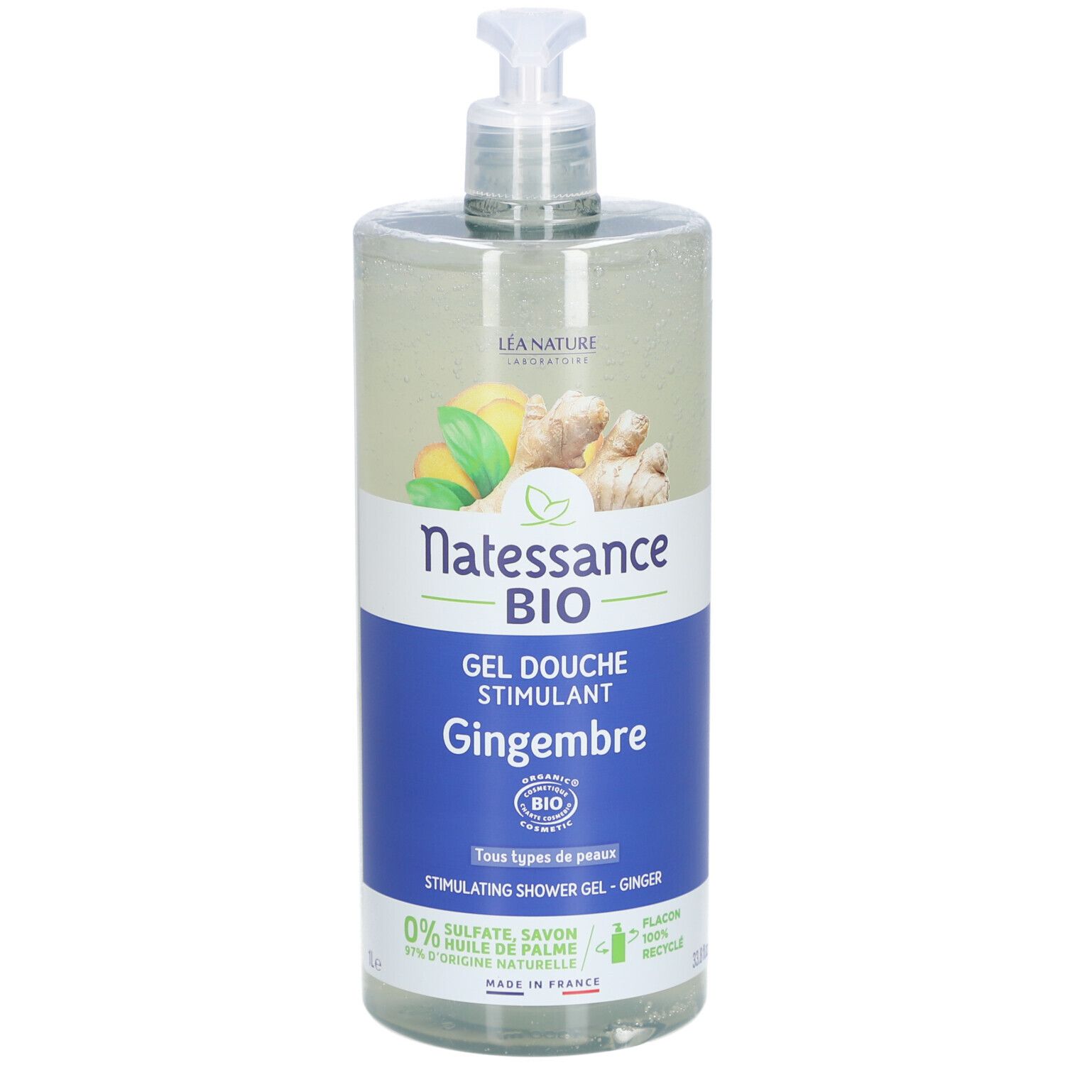 Transparante fles met pomp. Etiket met productnaam, gemberillustratie en bio-label. Tekst: Gel Douche Stimulant Gingembre.