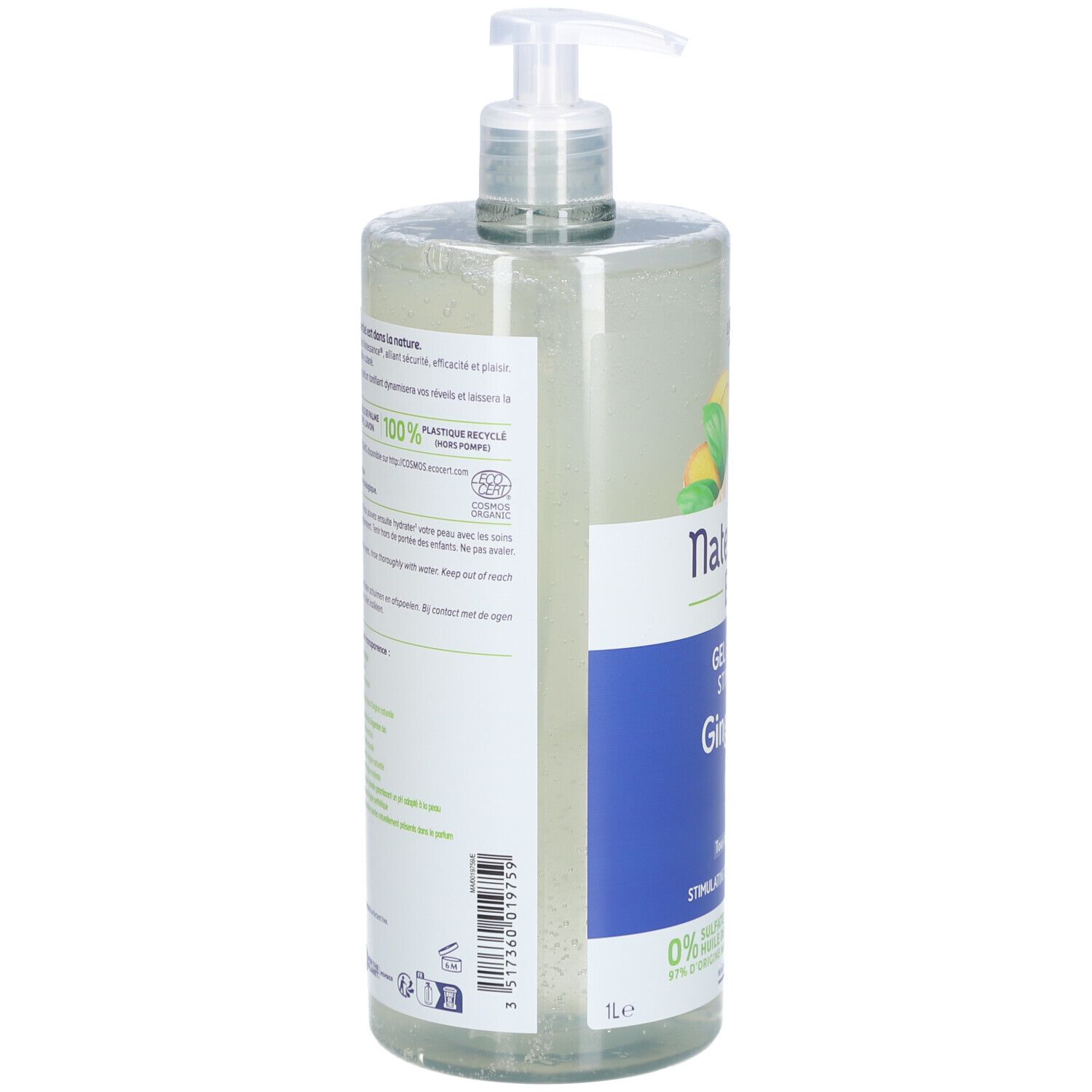 Transparante fles met pomp. Zijetiket met tekst en logo's. Tekst: 100% recyclebare fles. Bio-certificering.