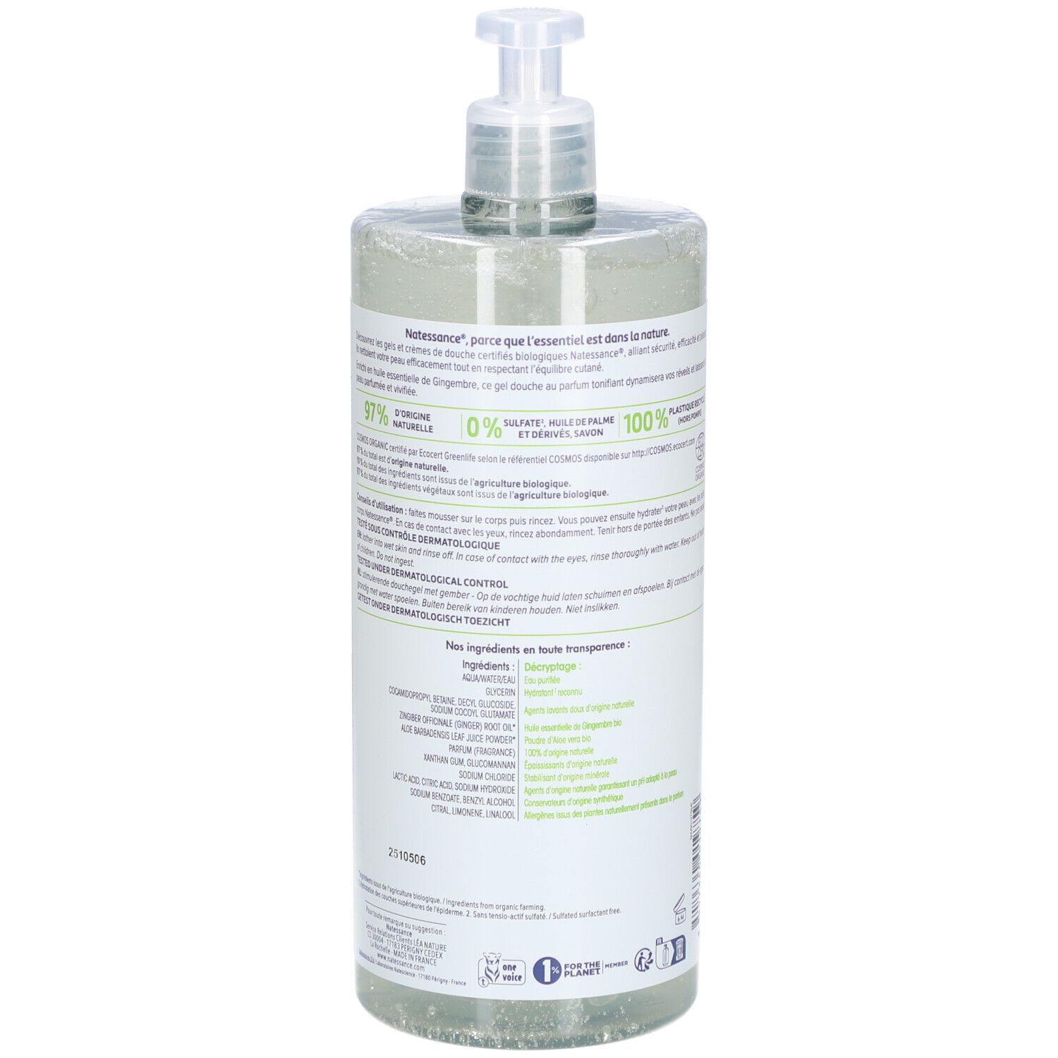 Transparante fles met pomp. Achteretiket met tekst. Tekst: Ingrediënten, bio-certificering, dermatologisch getest.