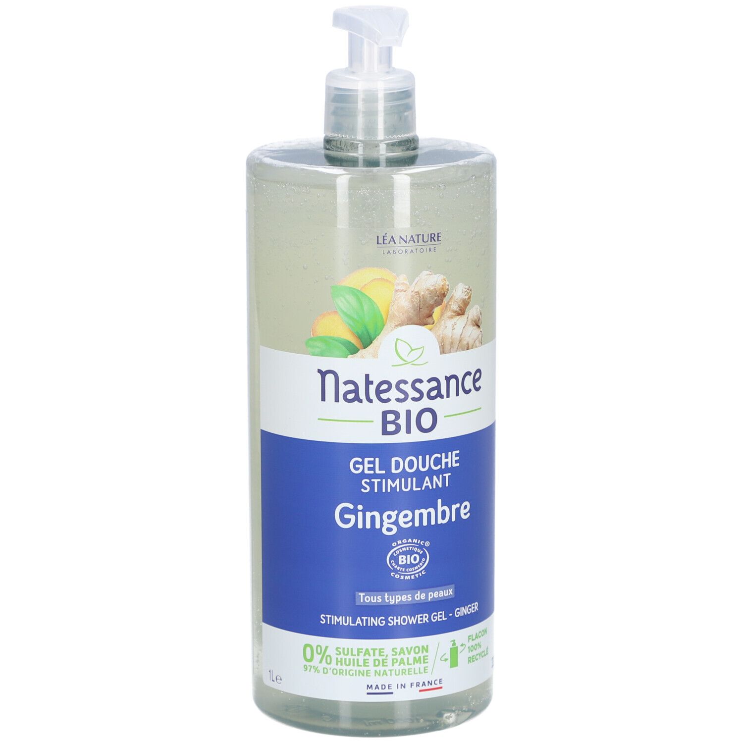 Transparante fles met pomp. Etiket met productnaam, gemberillustratie en bio-label. Tekst: Gel Douche Stimulant Gingembre.
