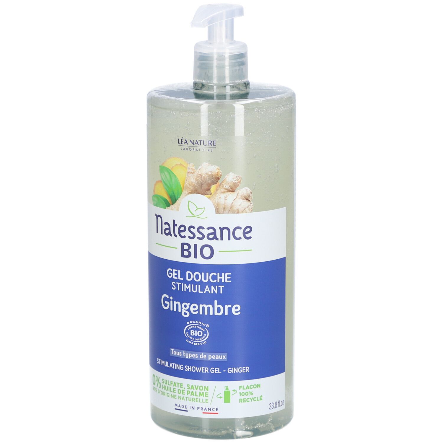 Transparante fles met pomp. Etiket met productnaam, gemberillustratie en bio-label. Tekst: Gel Douche Stimulant Gingembre.