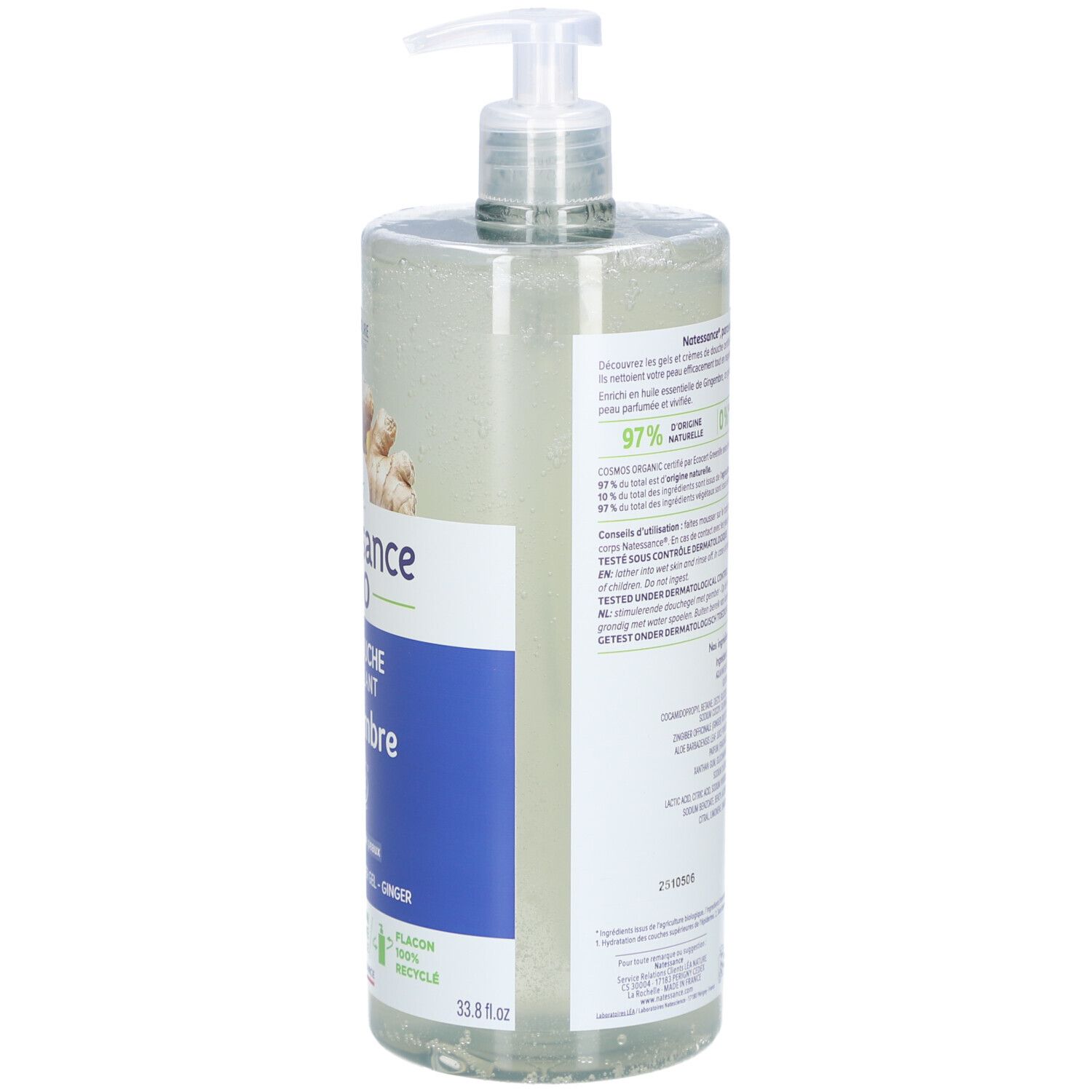 Transparante fles met pomp. Achteretiket met tekst. Tekst: Ingrediënten, bio-certificering, dermatologisch getest.
