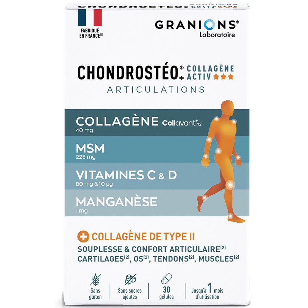 Boîte de Granions Chondrostéo Collagène Activ. Contient 30 gélules. Inscriptions : articulations, collagène, vitamines.