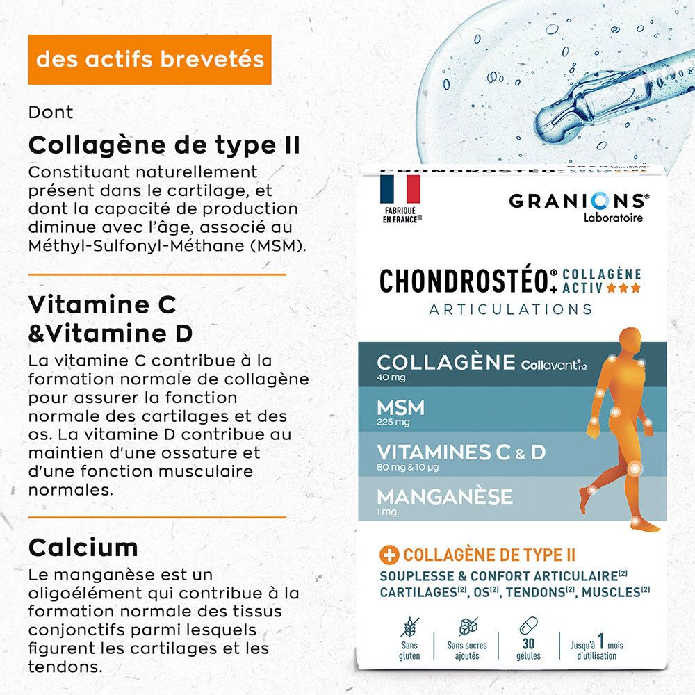 Pack Granions Chondrostéo Collagène Activ. Produit et ingrédients sur fond bleu. 30 gélules.