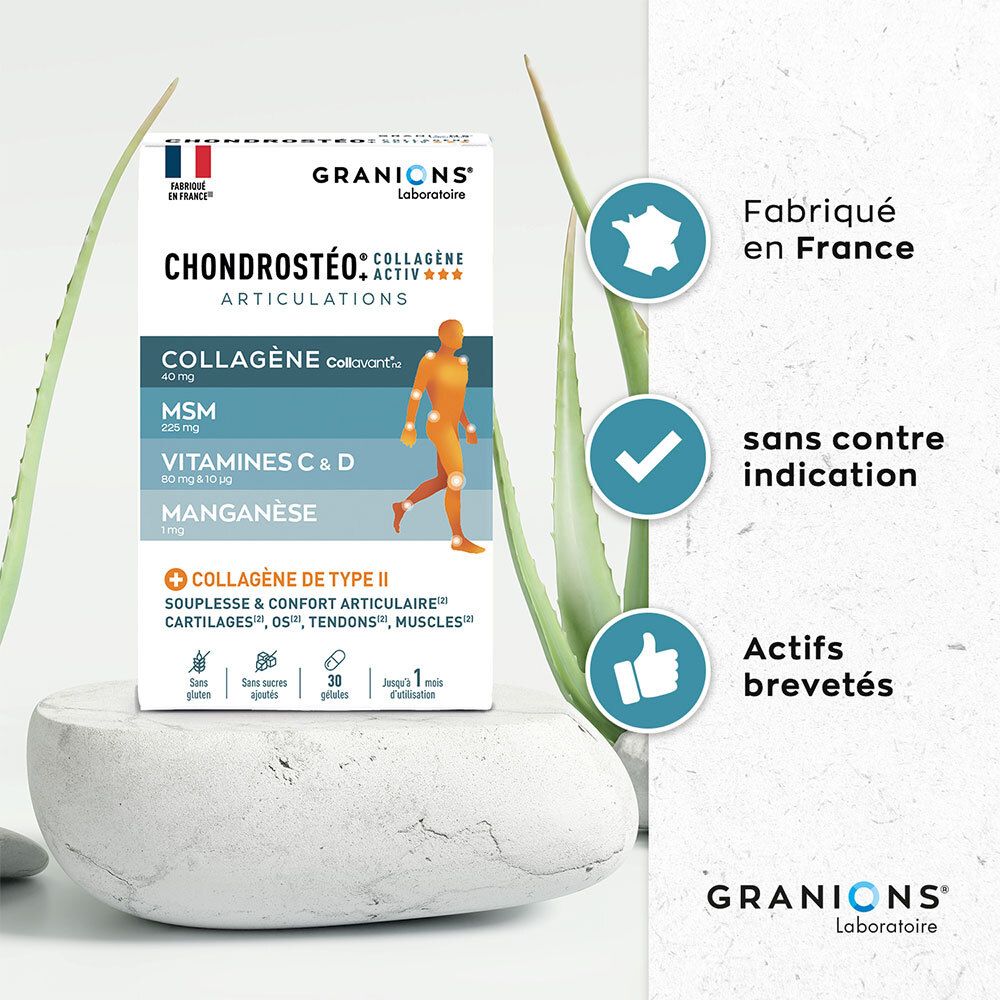 Graphique avec ingrédients : collagène, MSM, vitamine C, vitamine D3, manganèse. Fond bleu.