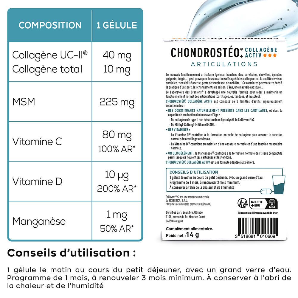 Produit Granions Chondrostéo Collagène Activ, verre d'eau, personnes faisant du sport. Fond naturel.