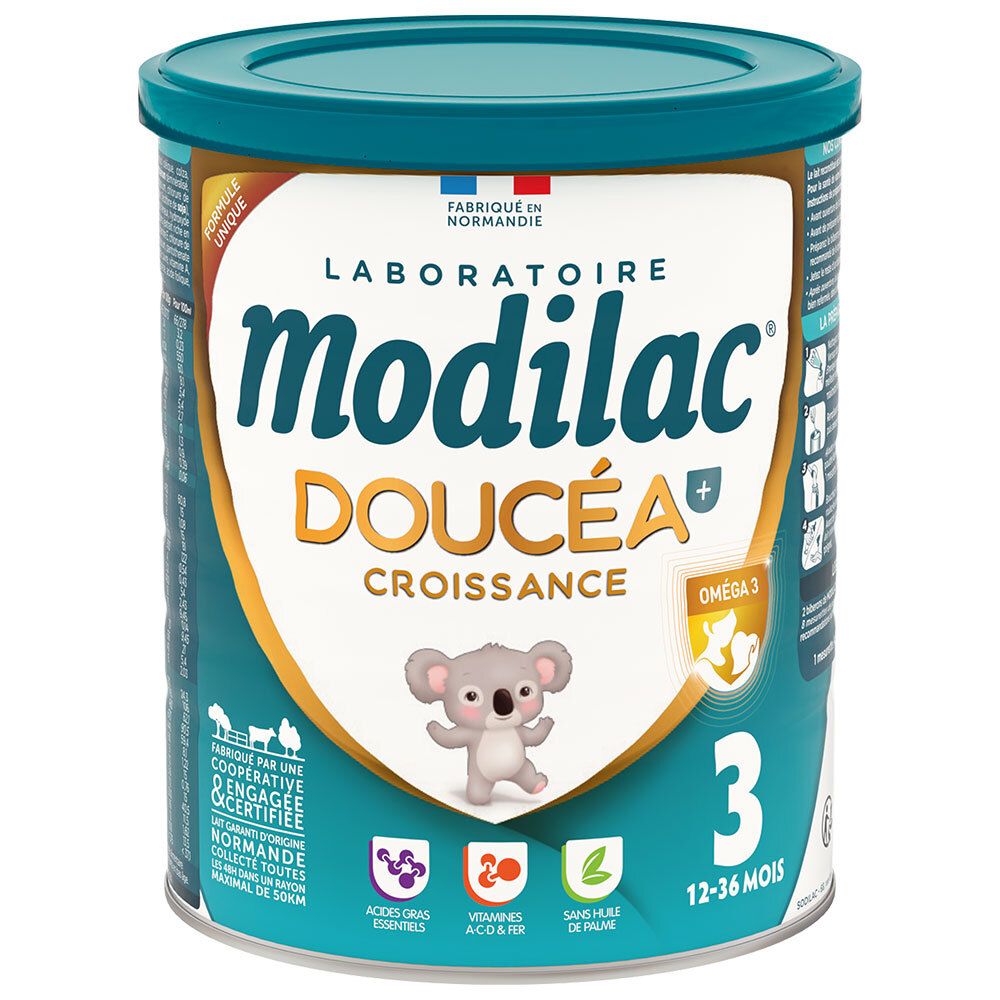 Boîte de Modilac Doucéa Croissance. Koala, logo Oméga 3, 12-36 mois. Label de certification. Fabriqué en Normandie.