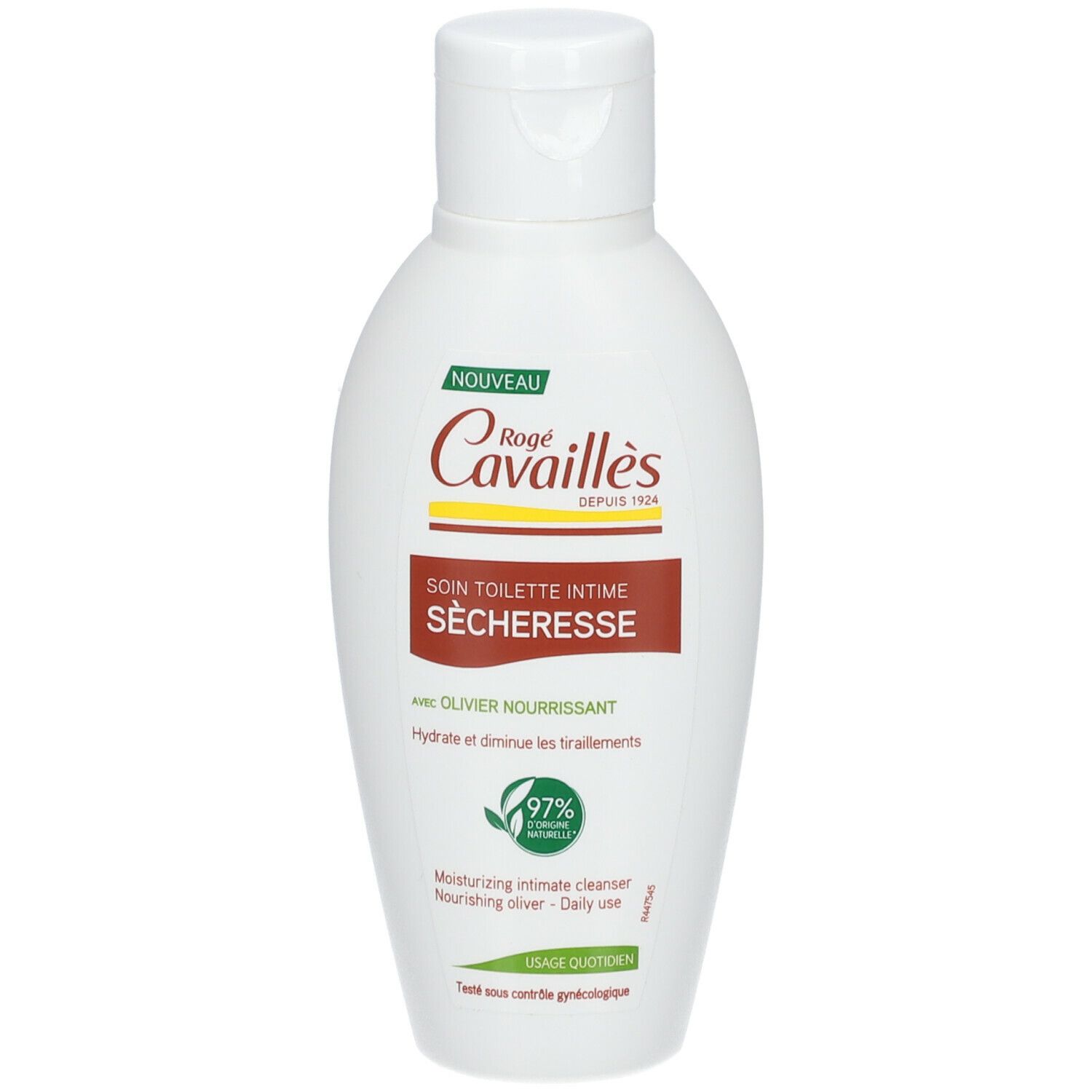 Witte fles met klapdeksel. Opschrift: Rogé Cavaillès, Soin Toilette Intime Sècheresse. Groen-bruin etiket. 97% ingrediënten van natuurlijke oorsprong.