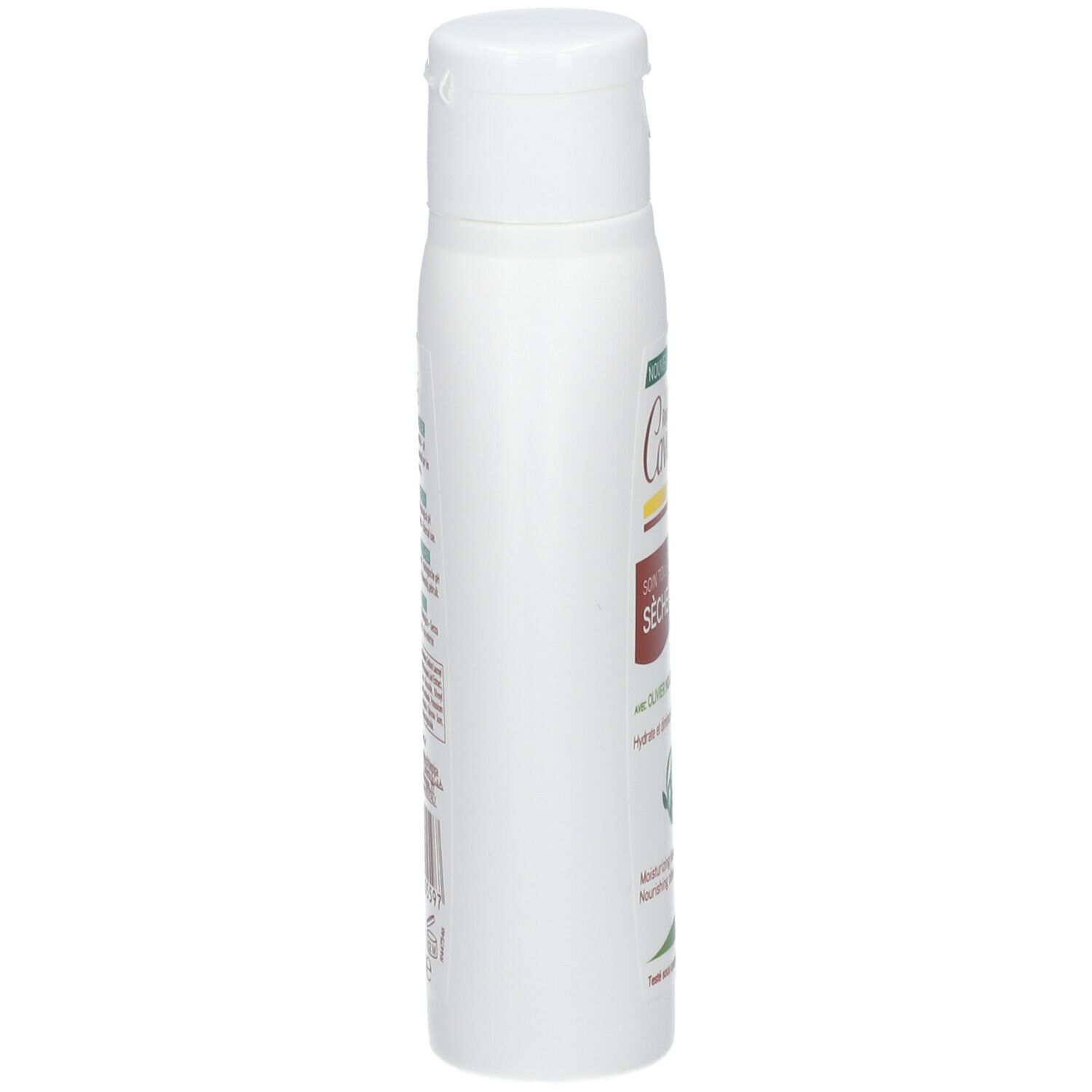 Witte fles met klapdeksel, zijaanzicht. Opschrift: Rogé Cavaillès, Soin Toilette Intime Sècheresse. Etiketten met tekst. Streepjescode.