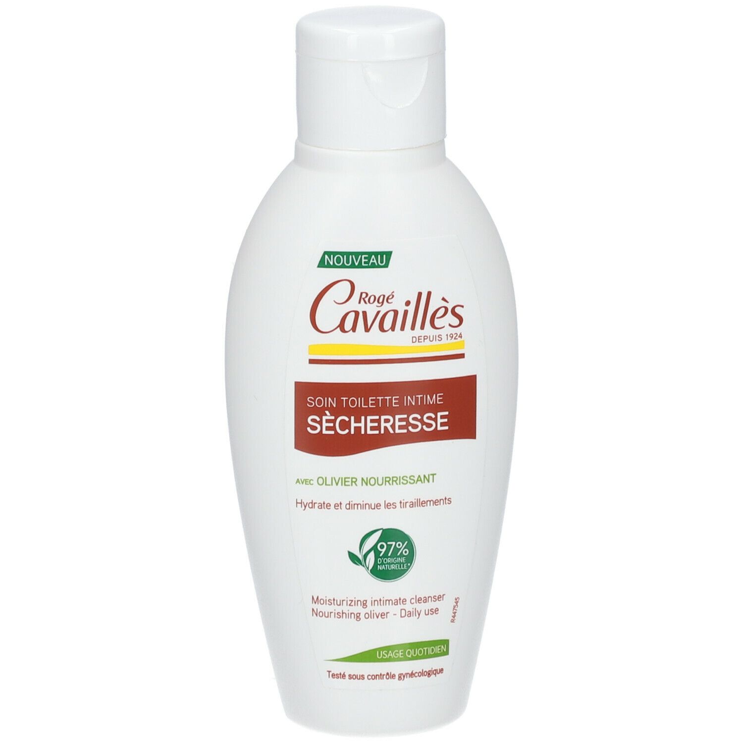 Witte fles met klapdeksel. Opschrift: Rogé Cavaillès, Soin Toilette Intime Sècheresse. Groen-bruin etiket. 97% ingrediënten van natuurlijke oorsprong.