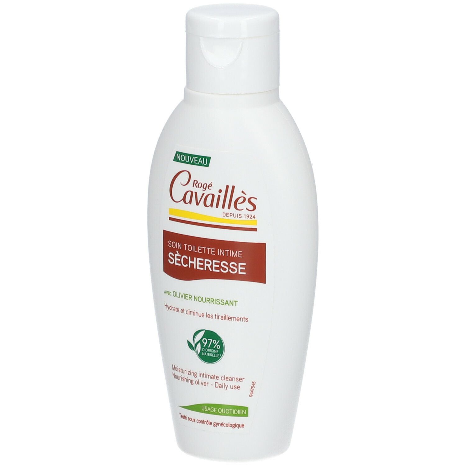 Witte fles met klapdeksel. Opschrift: Rogé Cavaillès, Soin Toilette Intime Sècheresse. Groen-bruin etiket. 97% ingrediënten van natuurlijke oorsprong.