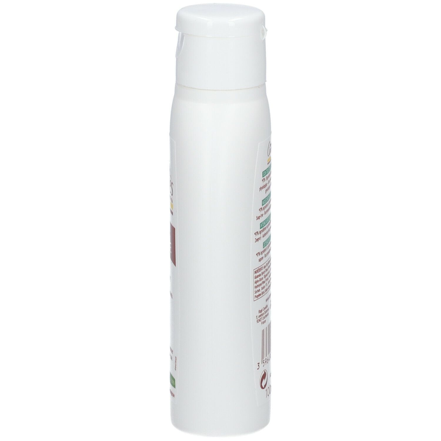 Witte fles met klapdeksel, zijaanzicht. Opschrift: Rogé Cavaillès, Soin Toilette Intime Sècheresse. Etiketten met tekst. Streepjescode.