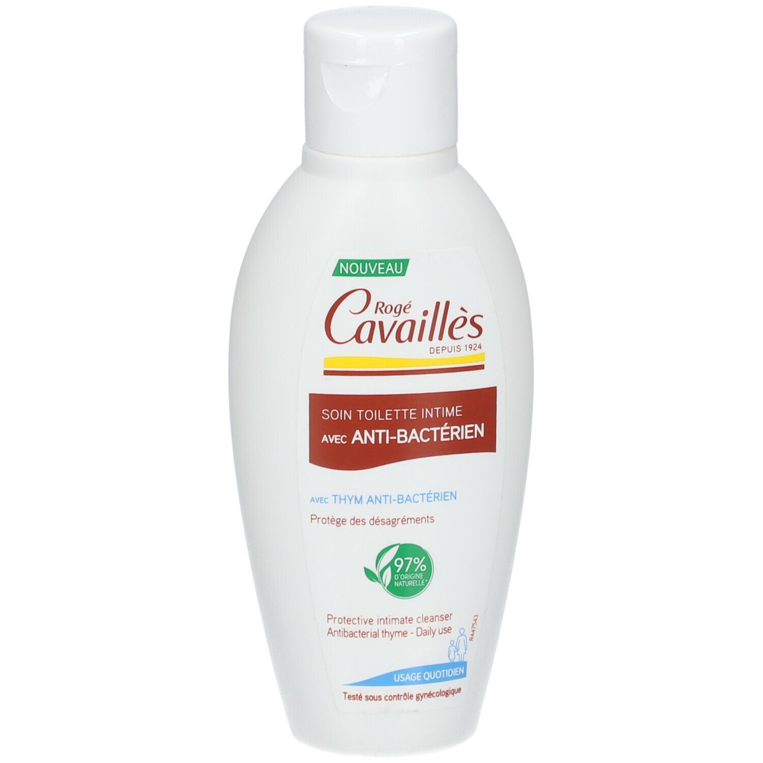 Flacon blanc avec bouchon rabattable. Inscription: Rogé Cavaillès, Soin Toilette Intime Anti-Bactérien. 97% ingrédients d'origine naturelle.