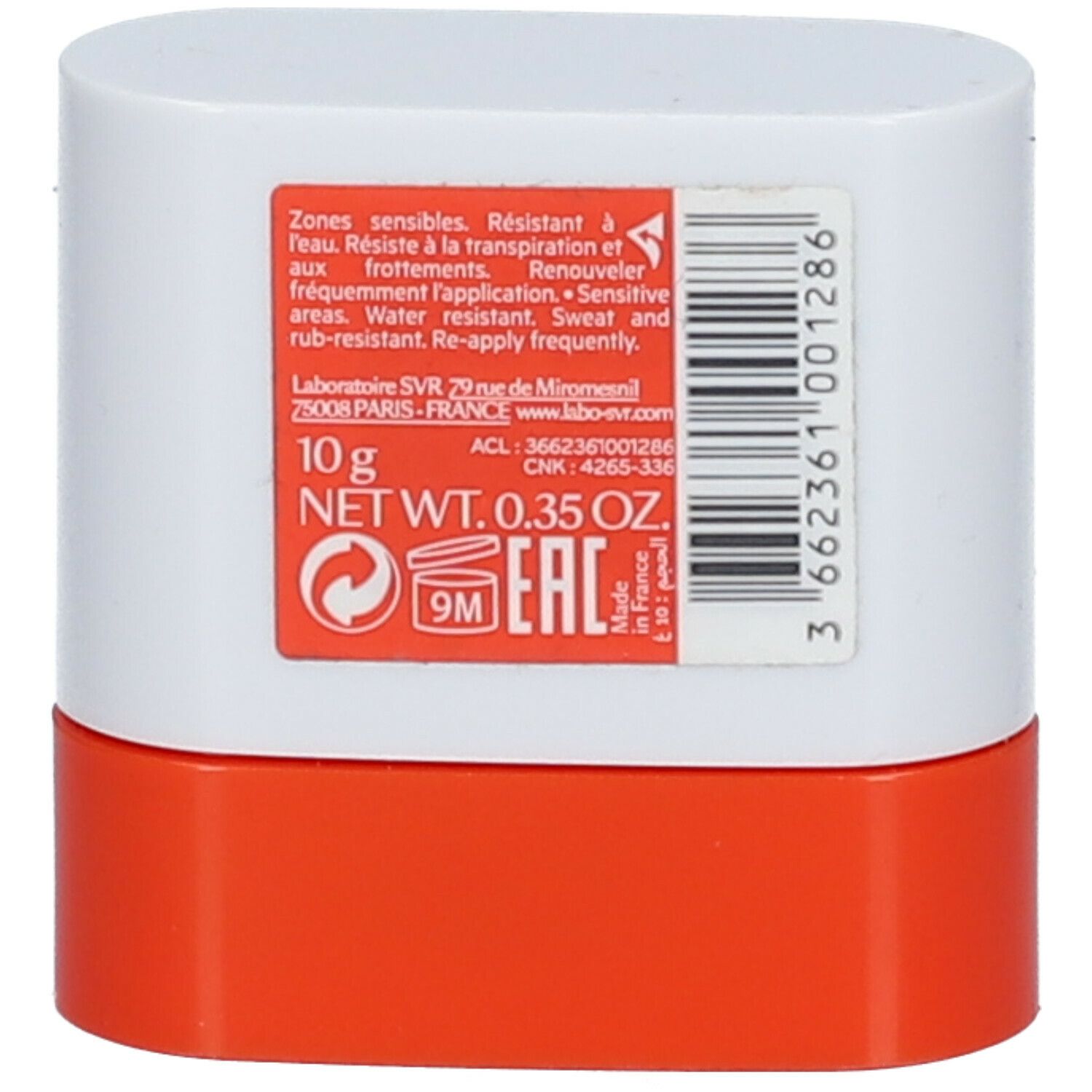 Contenant cylindrique blanc et orange. Étiquette avec texte et code-barres. 10g, poids net 0,35 oz. Marque EAC.