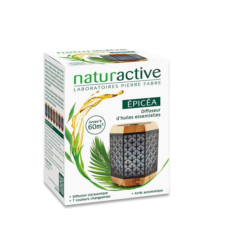 Naturactive ÉPICÉA etherische olie diffuser. Hout- en metaal design. Verpakking met productafbeelding en tekst.