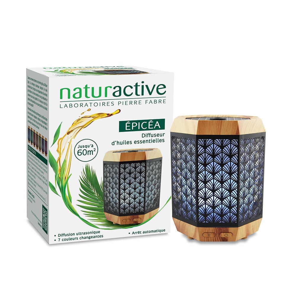 Naturactive ÉPICÉA etherische olie diffuser. Hout- en metaal design. Twee knoppen aan de onderkant.