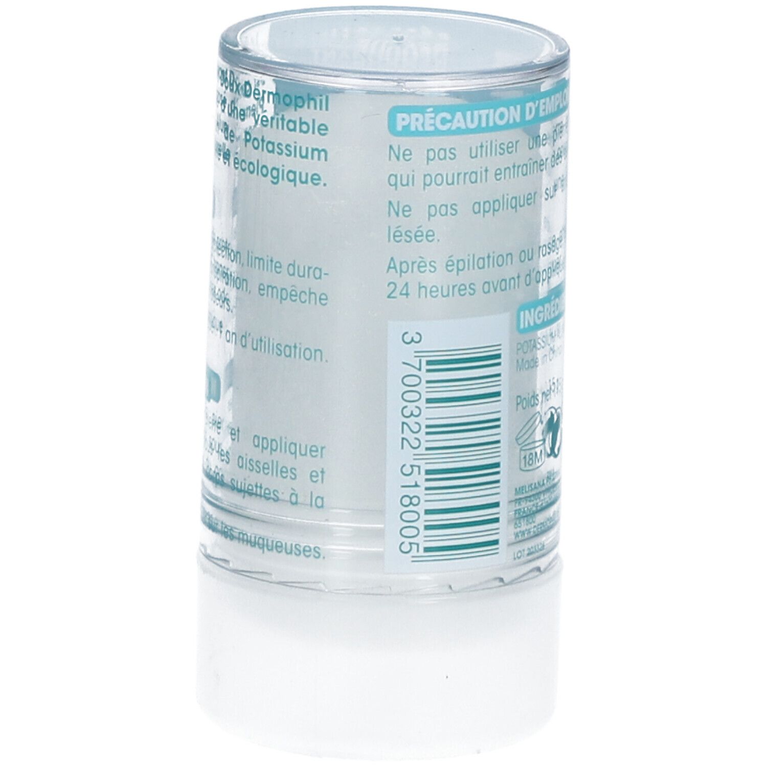 Stick de déodorant avec étiquette verte et blanche. Dos avec précautions et ingrédients. Contient pierre d'alun.