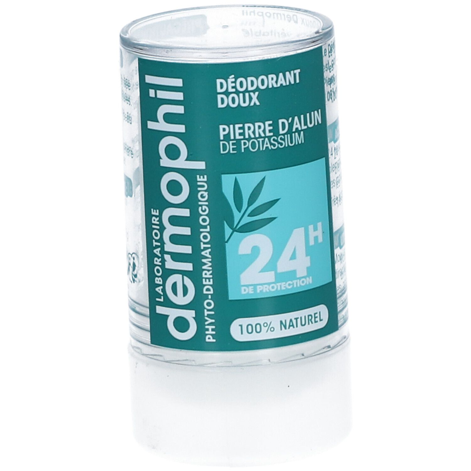 Stick de déodorant avec étiquette verte et blanche. Inscription: Dermophil, protection 24H, 100% naturel. Contient pierre d'alun.
