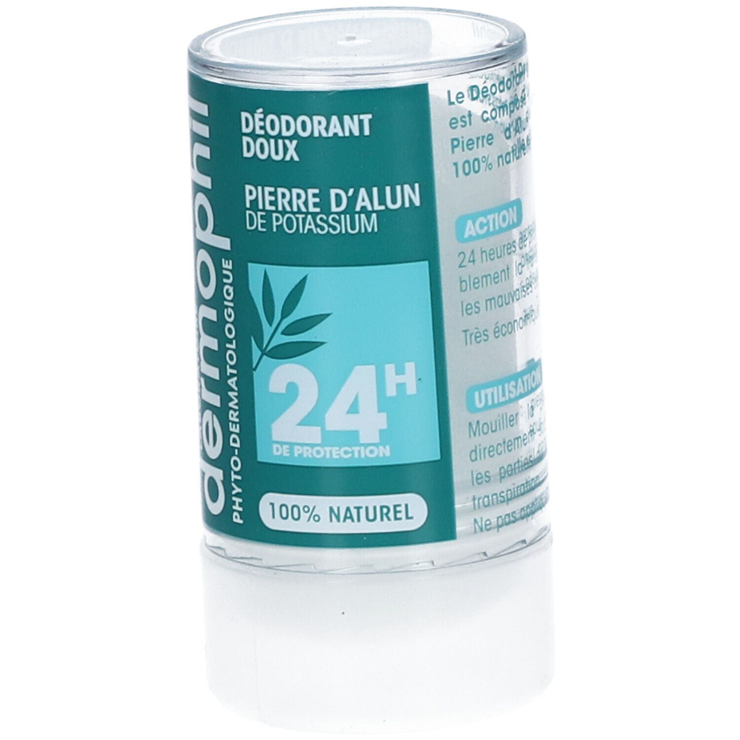 Stick de déodorant avec étiquette verte et blanche. Inscription: Dermophil, protection 24H, 100% naturel. Contient pierre d'alun.
