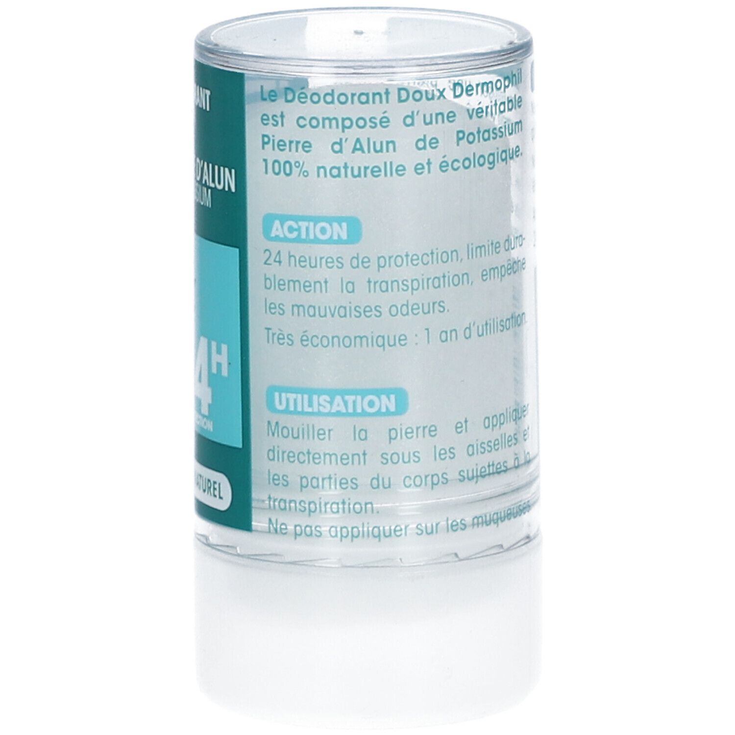 Stick de déodorant avec étiquette verte et blanche. Dos avec instructions d'utilisation. Contient pierre d'alun.