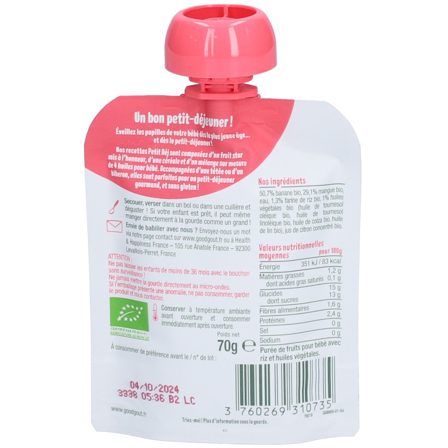 Dos du sachet Good Goût Le petit déj. Ingrédients, valeurs nutritionnelles, DDM, 70g. Logo AB. Code-barres.