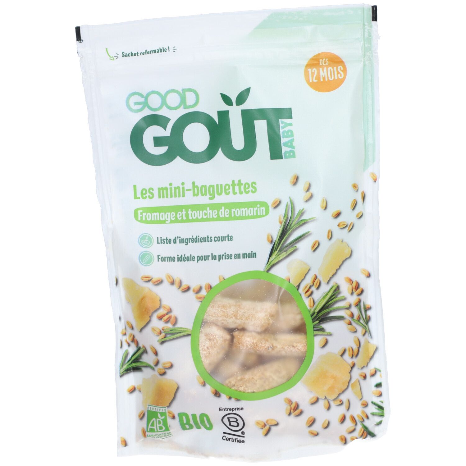 Sachet de mini-baguettes au fromage et romarin. Logo, nom du produit, ingrédients, label bio, 12 mois.