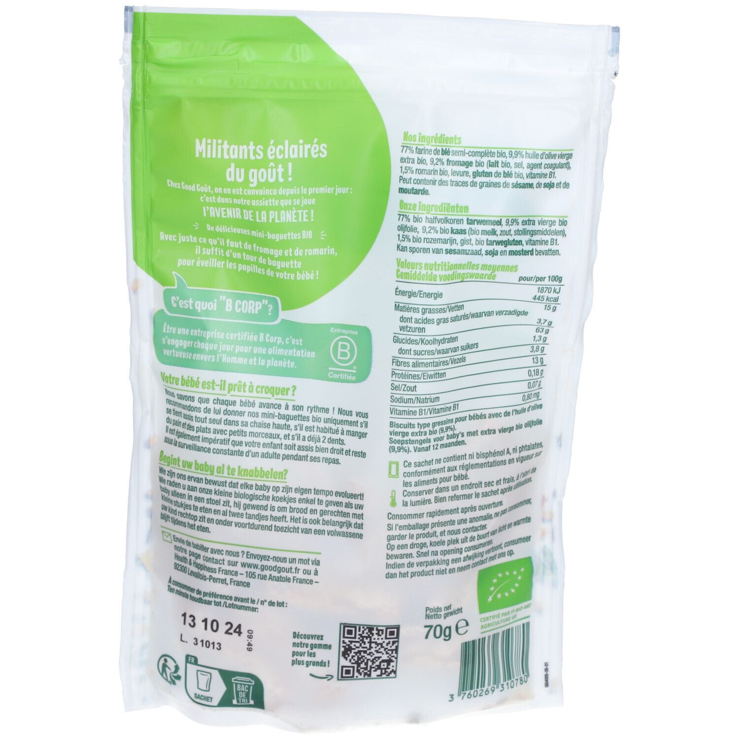 Dos du sachet. Texte: ingrédients, valeurs nutritionnelles, label bio, QR code, date limite, 70g.