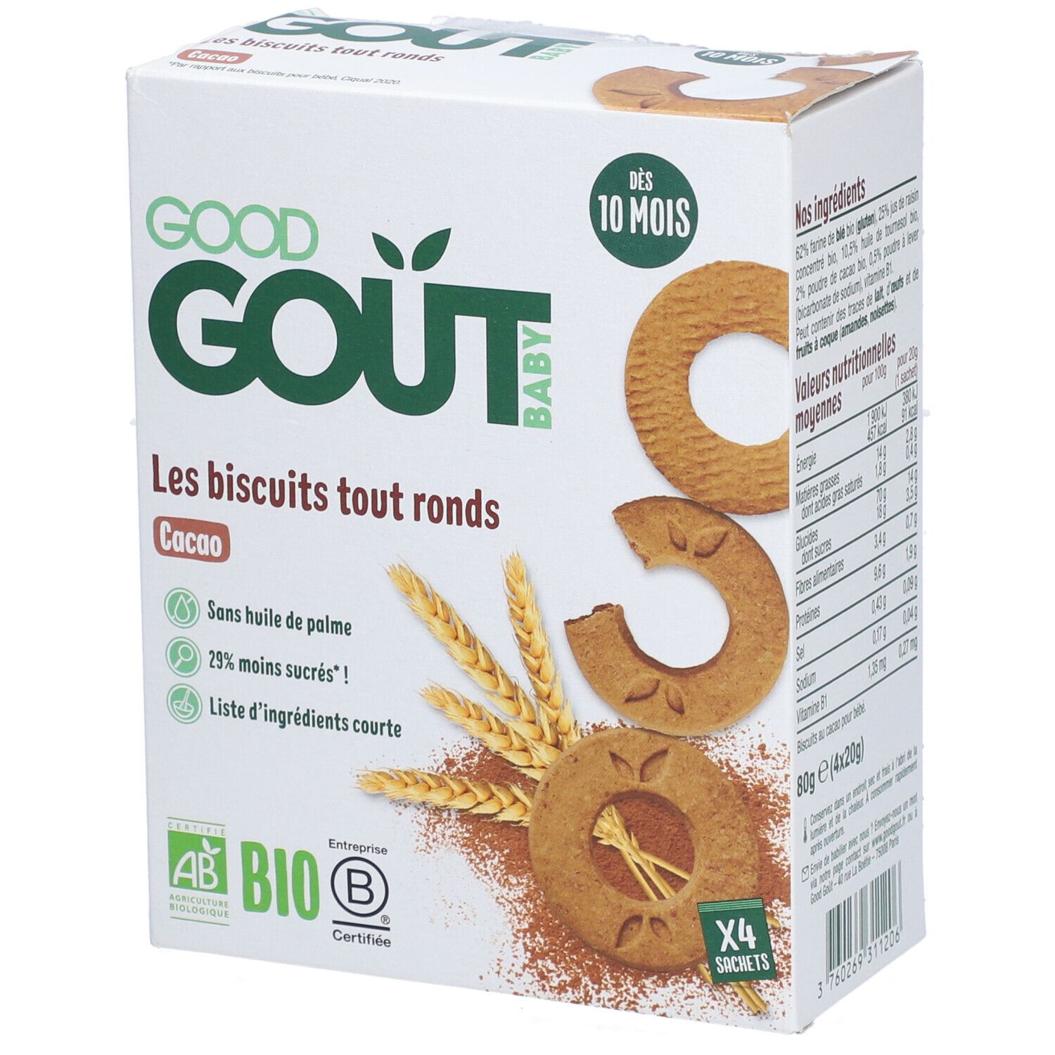 Boîte de biscuits ronds au cacao pour bébés dès 10 mois. Certification bio. Contient 4 sachets.